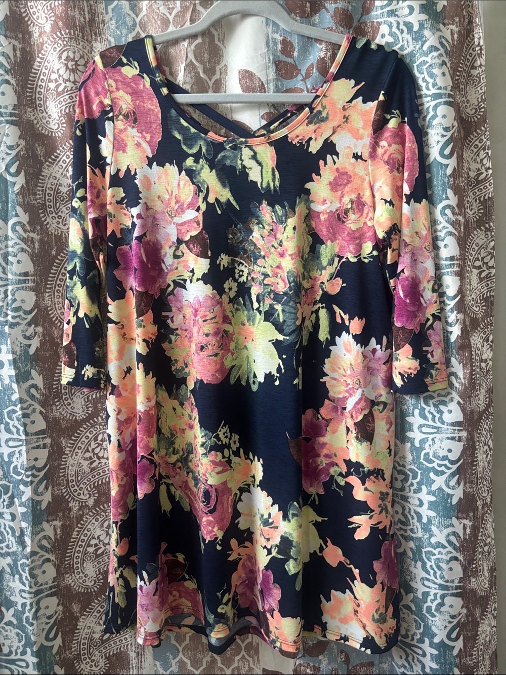 Floral V-Neck Swing Top - Black with Pink & Peach Blooms